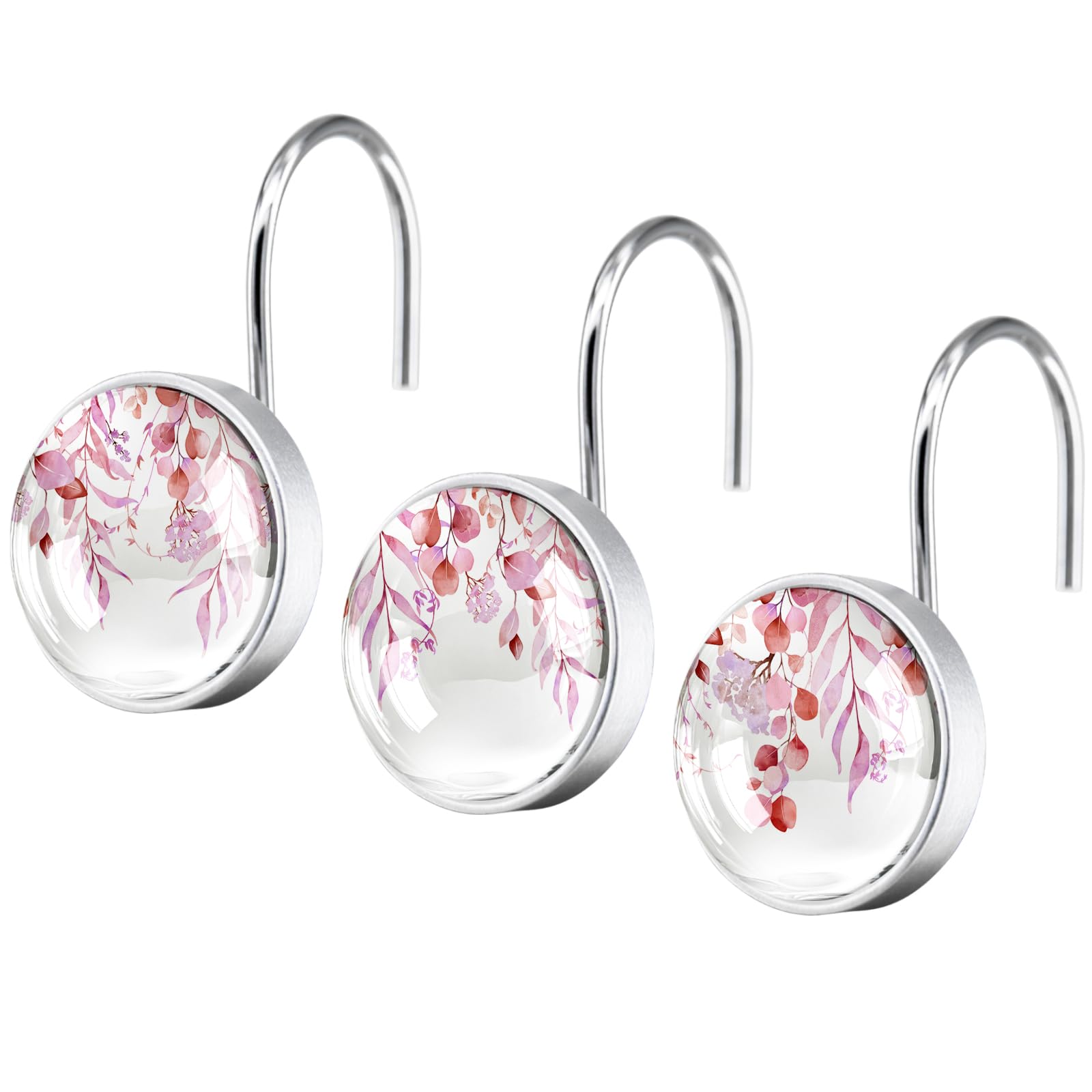 12 Pcs Pink Eucalyptus Shower Curtain Hooks - Decorative Shower Curtain Hooks Rings Set - Stainless Steel Round Resin Shower Rings Hangers for Modern Bathroom Home Bath Room Rods Decor