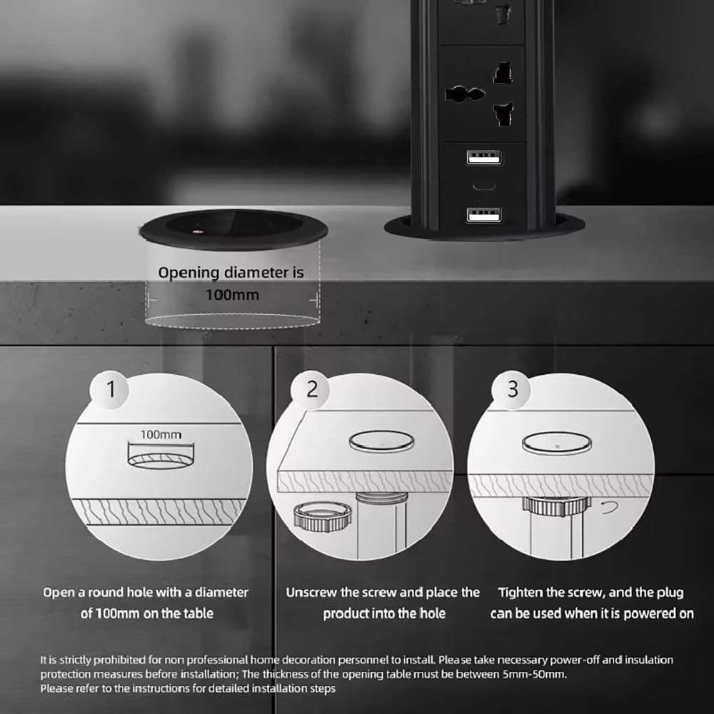 Prese A Scomparsa Per Piani Cucina,3 Prese Multifunzione Ca,2 Usb-A + 1 Usb-C,Ricarica Wireless Da 15W,Sollevamento Intelligente Tramite Tocco,Installazione A Scomparsa,Per Scrivania Di Casa A
