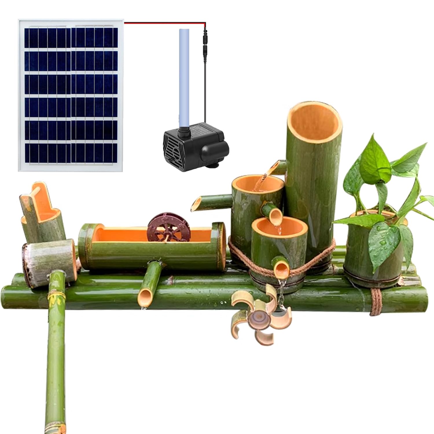 asdchZen Free Standing Handmade Bamboo Fountain, Solar Zen Garden Fountain, With Pump, Spoon, Bamboo Row And Feng Shui Wheel, For Home Garden Water Circulation
