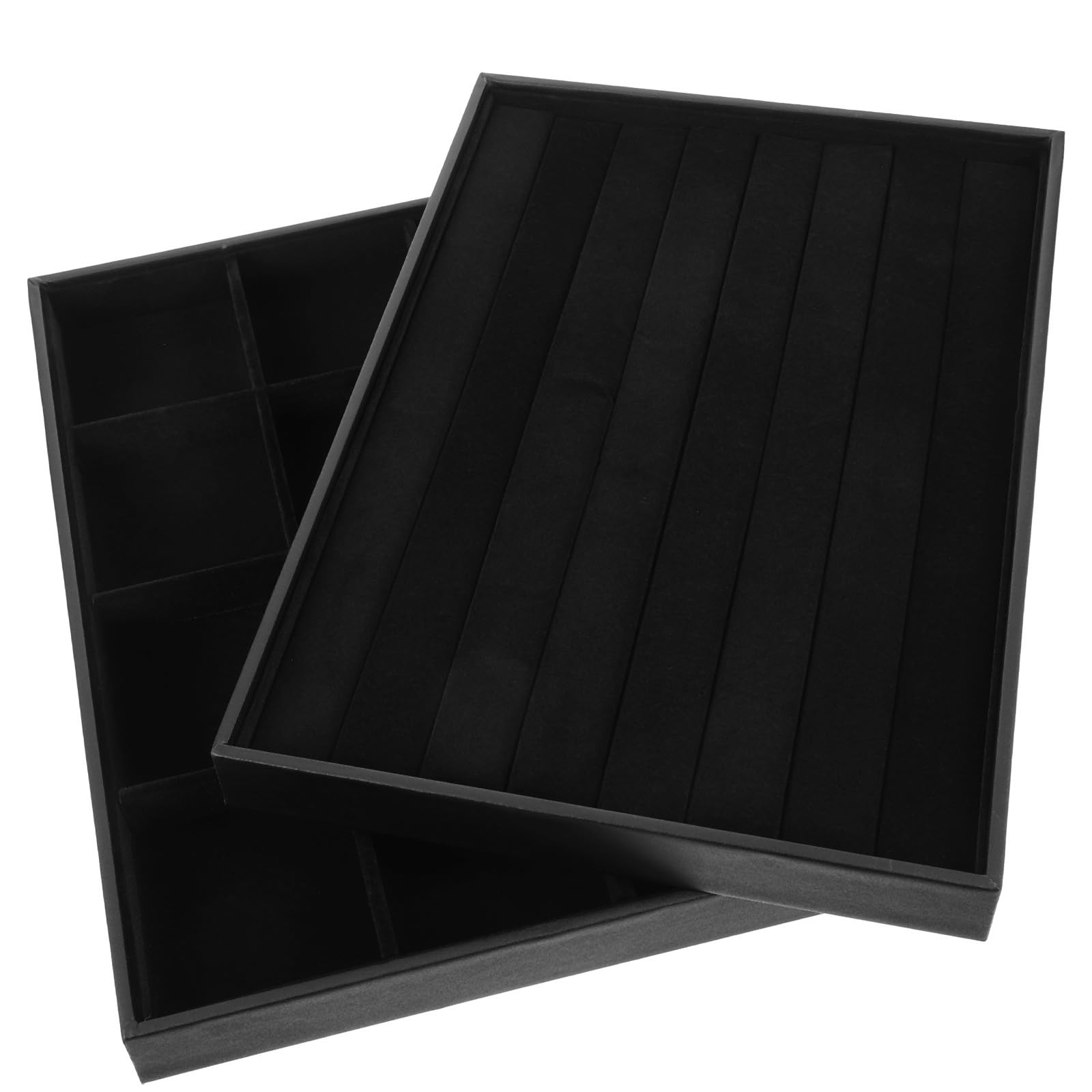 Plateau à Bagues en Flanelle Noire à 12 Compartiments pour Rangement de Bagues et Bracelets, Plateau Décoratif et Moderne pour Maison et Boutique, Lot de 2 Pièces