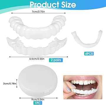 4PCS Fake Teeth Clip in Instant Veneers Dentures Veneers Teeth Top and Bottom Set, Missing Tooth Replacement Kit Confident Smile Comfortable Dentures for Men and Women