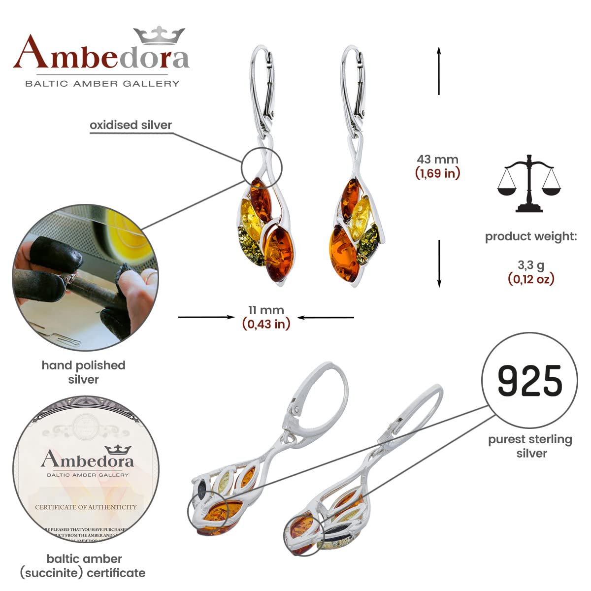 Orecchini da donna in argento sterling Sabine con ambra, argento sterling lucido, ambra baltica, colore cognac, verde, limone