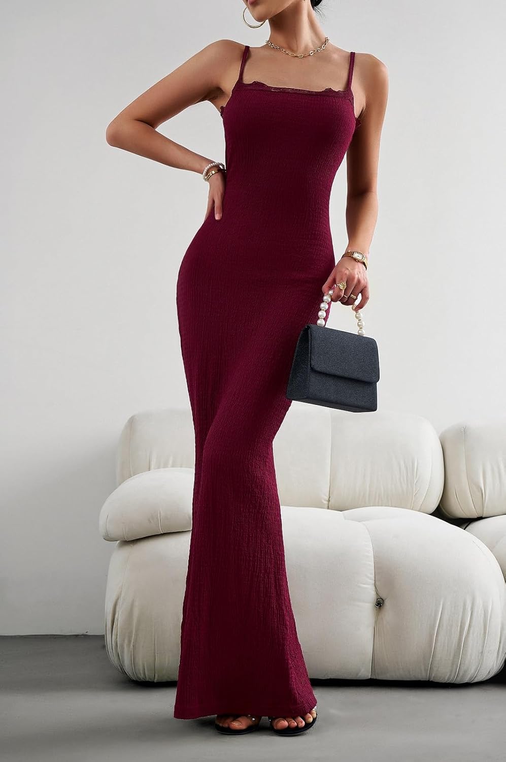 Women's Casual Slip Long Dress Lace Square Neck Solid Sexy Sleeveless Bodycon Maxi Dress - Image 2