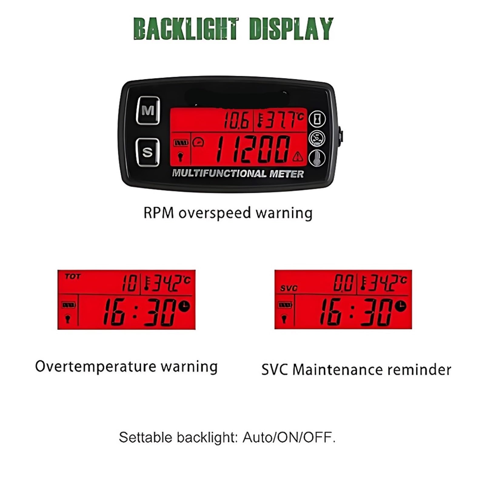 Tacómetro Digital con Indicador Temperatura TS001-PT100 RPM Motocicletas Gasolina, Buggies Marinos, Tractores Quitanieves, Motos Agua, Paramotores Velocímetro Tacómetro