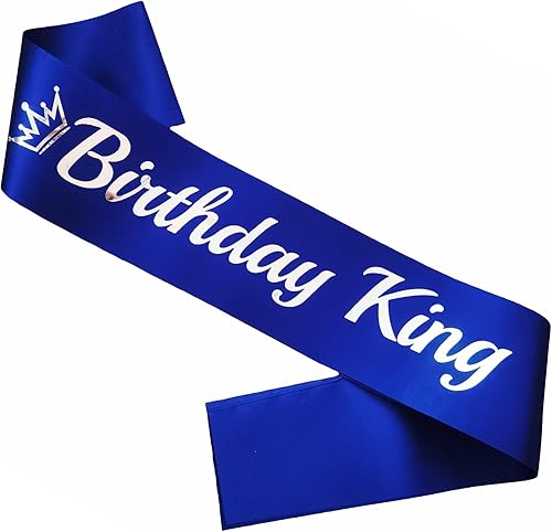 Banda de cumpleaños King azul real, banda de cumpleaños de papel de aluminio plateado para King divertidas decoraciones de fiesta de cumpleaños,