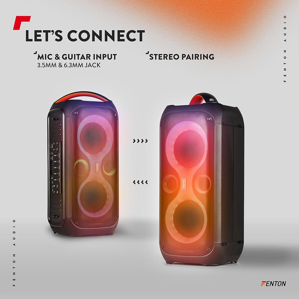Fenton Core120 - Scatola musicale Bluetooth grande, 180 W, batteria 12 ore, microfono karaoke, BT 5.3, cinghia a tracolla, telecomando, scatola Bluetooth, per feste e feste, per la musica, portatile