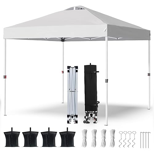 Shades 10x10 Pop Up Canopy with One Push Setup,Heavy Duty Beach Tent with Wheels for Easy Moving, Sun Shelter for Parties,Events, Outdoor Gazebo with 420D Coated Waterproof White Fabric