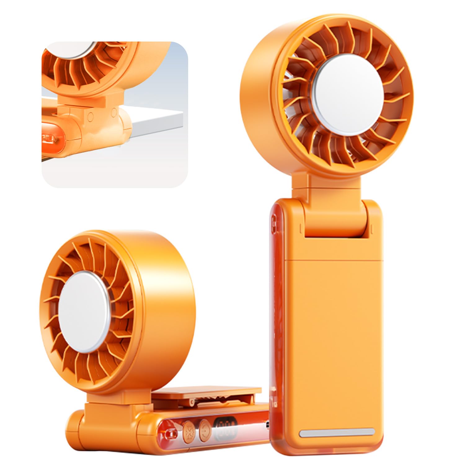 Foluu Portable Clip Fan with Active Cooling Tech – 3000mAh, 5 Speeds, 360° Rotation, LED Display, Type-C Fast Charge – Hands-Free Umbrella, Waist & Neck Fan for Commute, Office & Travel (Orange)