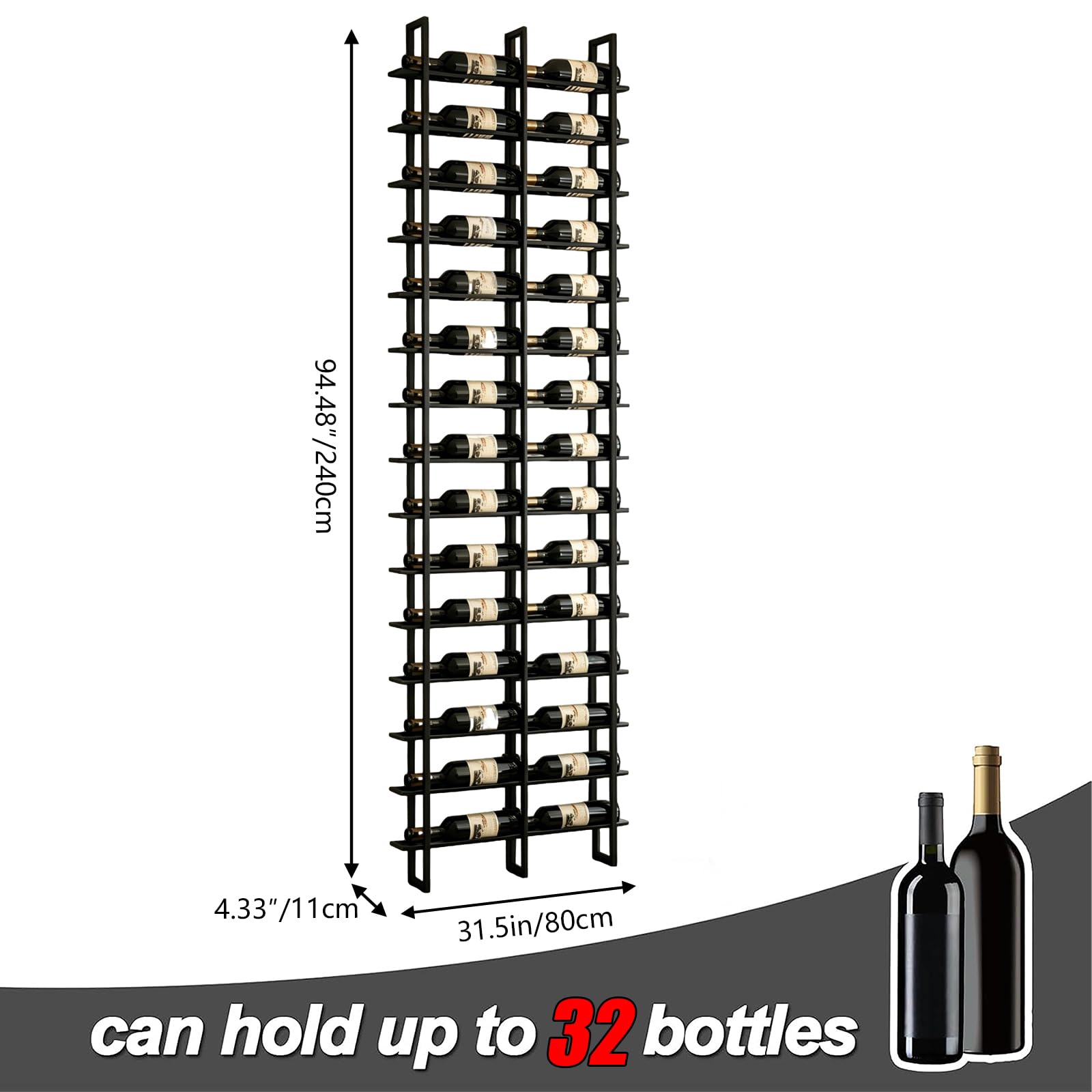 Botellero de Pared , sostenedor negro del almacenaje del vino, estante de metal de la botella del vino de la pared que cuelga de 15 niveles 45 botellas, para Cocina, Bodega, Bar (32 Botellas)