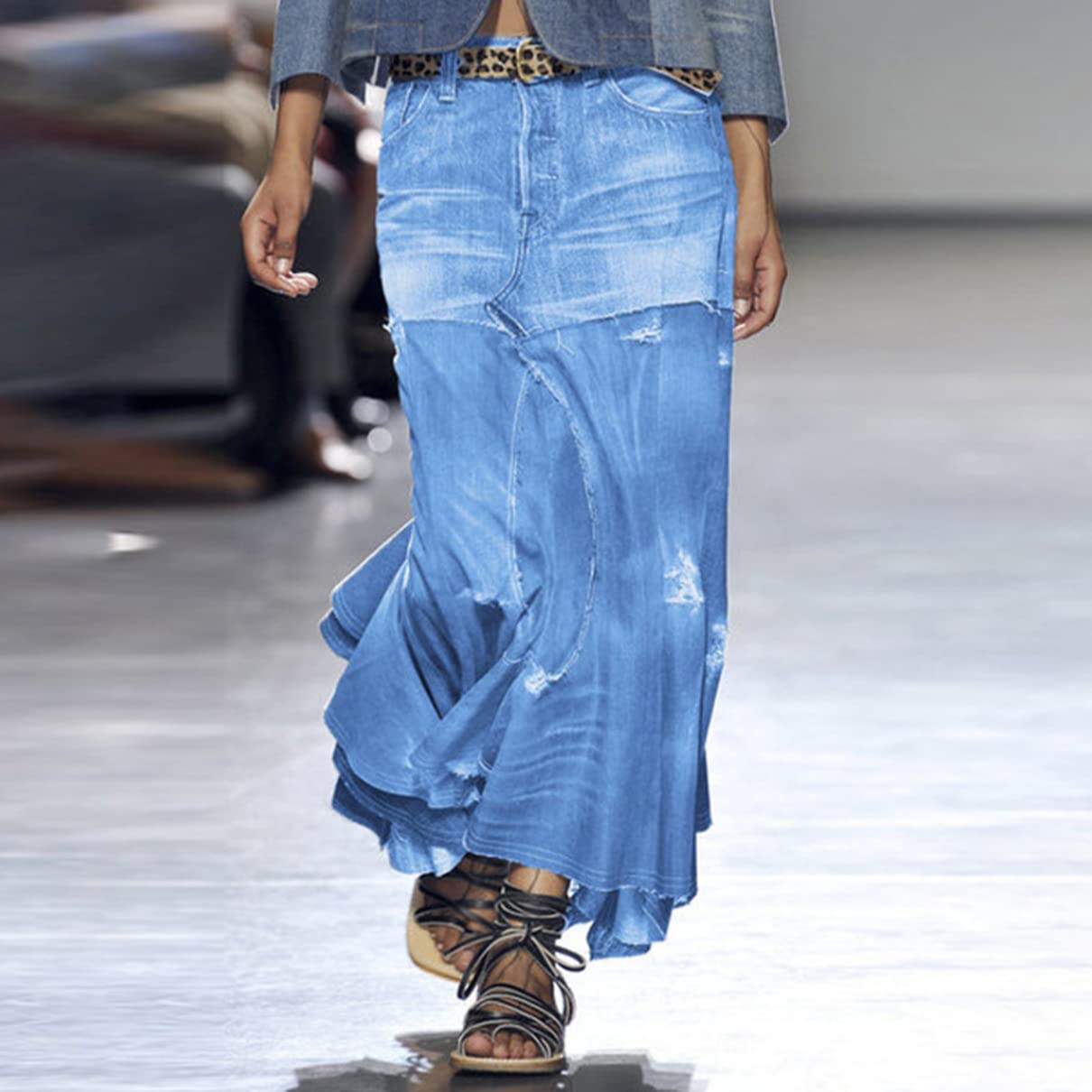 Jupe Longue en Jean d'été déchiré rétro délavé pour Femmes Jupe Longue en Jean Moulante Patchwork