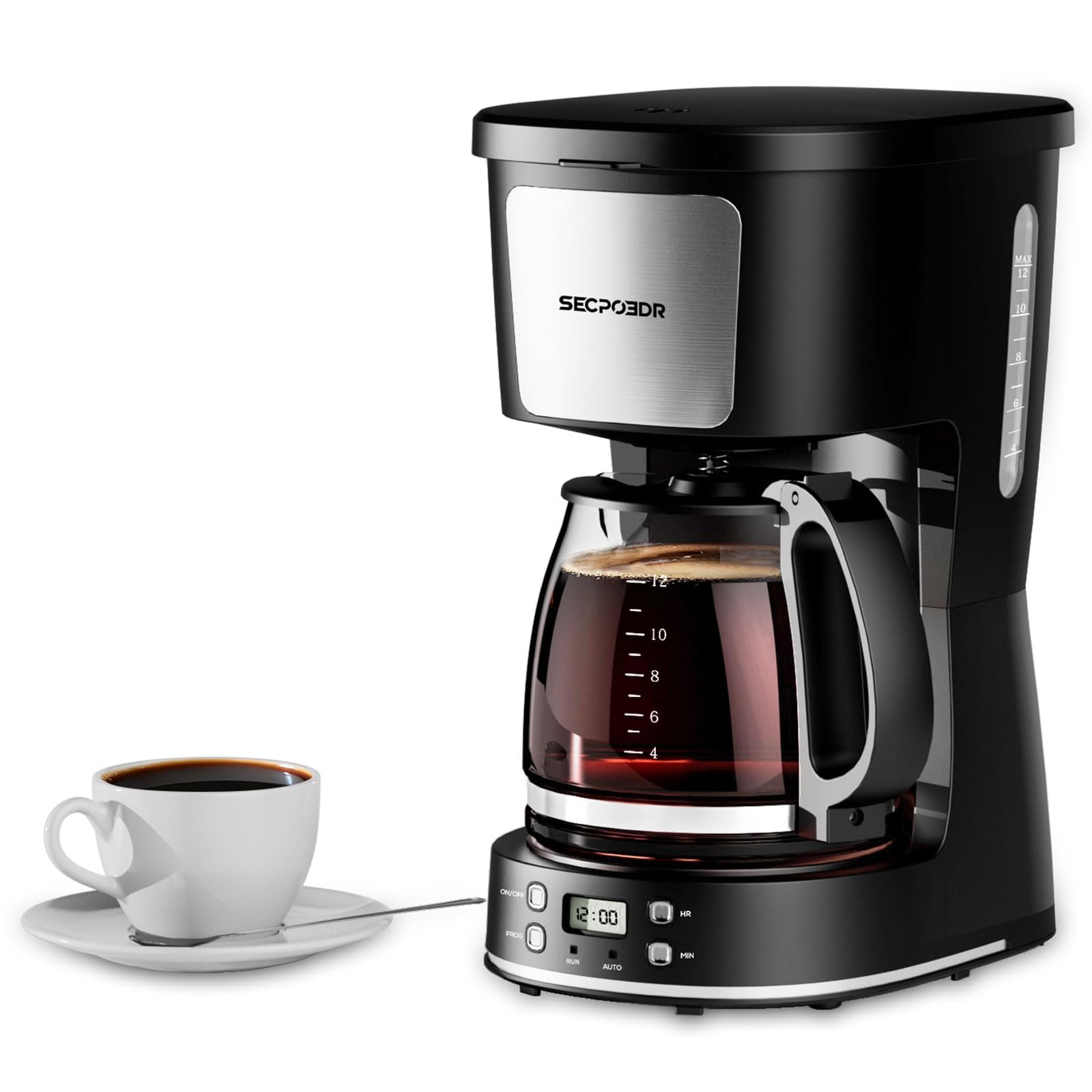 12-Cup Drip Coffee Maker with Reusable Filter Programmable Clock Auto Brew Water Window Keep Hot Plate Glass Carafe