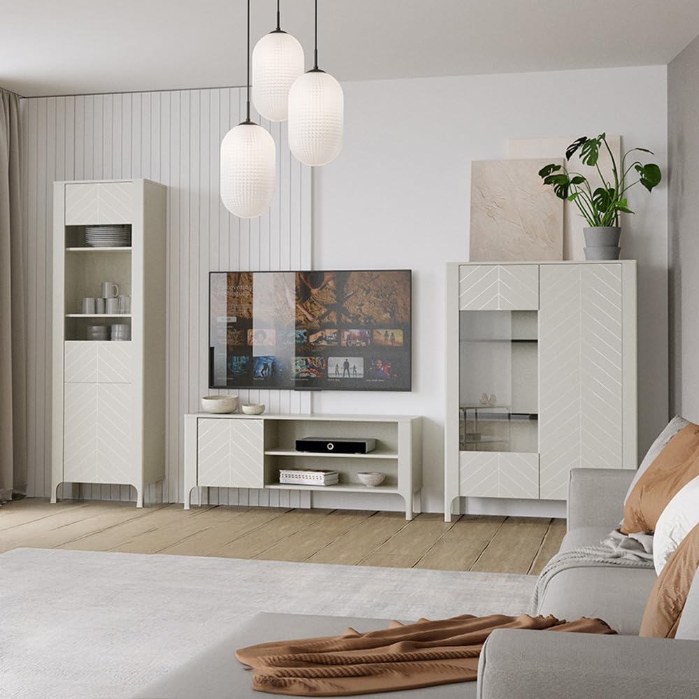 Lomadox Wohnwand in Kaschmir mit Lowboard, Vitrine & Highboard – Modernes Wohnzimmermöbel-Set im Fischgrät-Design mit Softclose