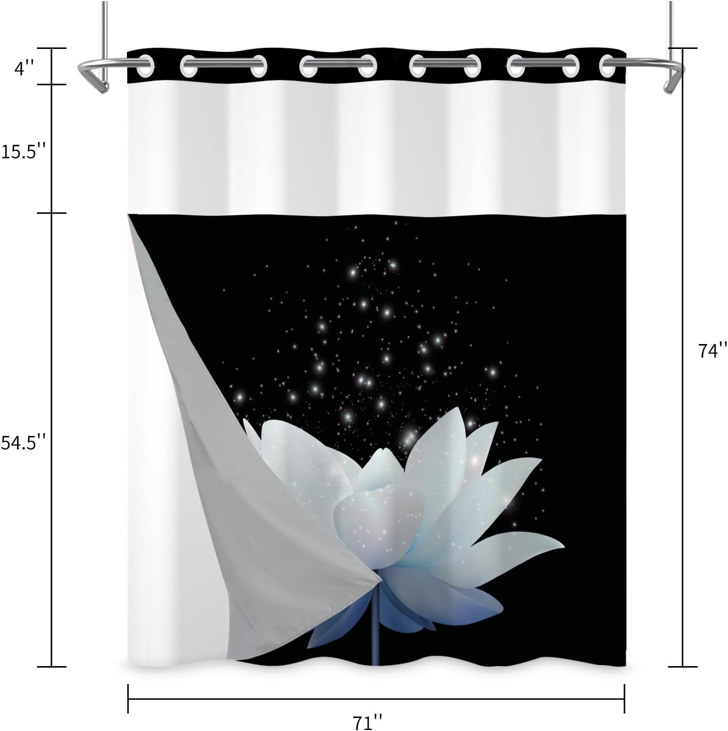 Leowefowa Lotus No Hook Shower Curtain with Snap in Liner, Blue White Floral Modern Zen Double Layer Shower Curtain and Liner Set, Ringless with Window Waterproof Cloth Fabric, 71" W X 74" L
