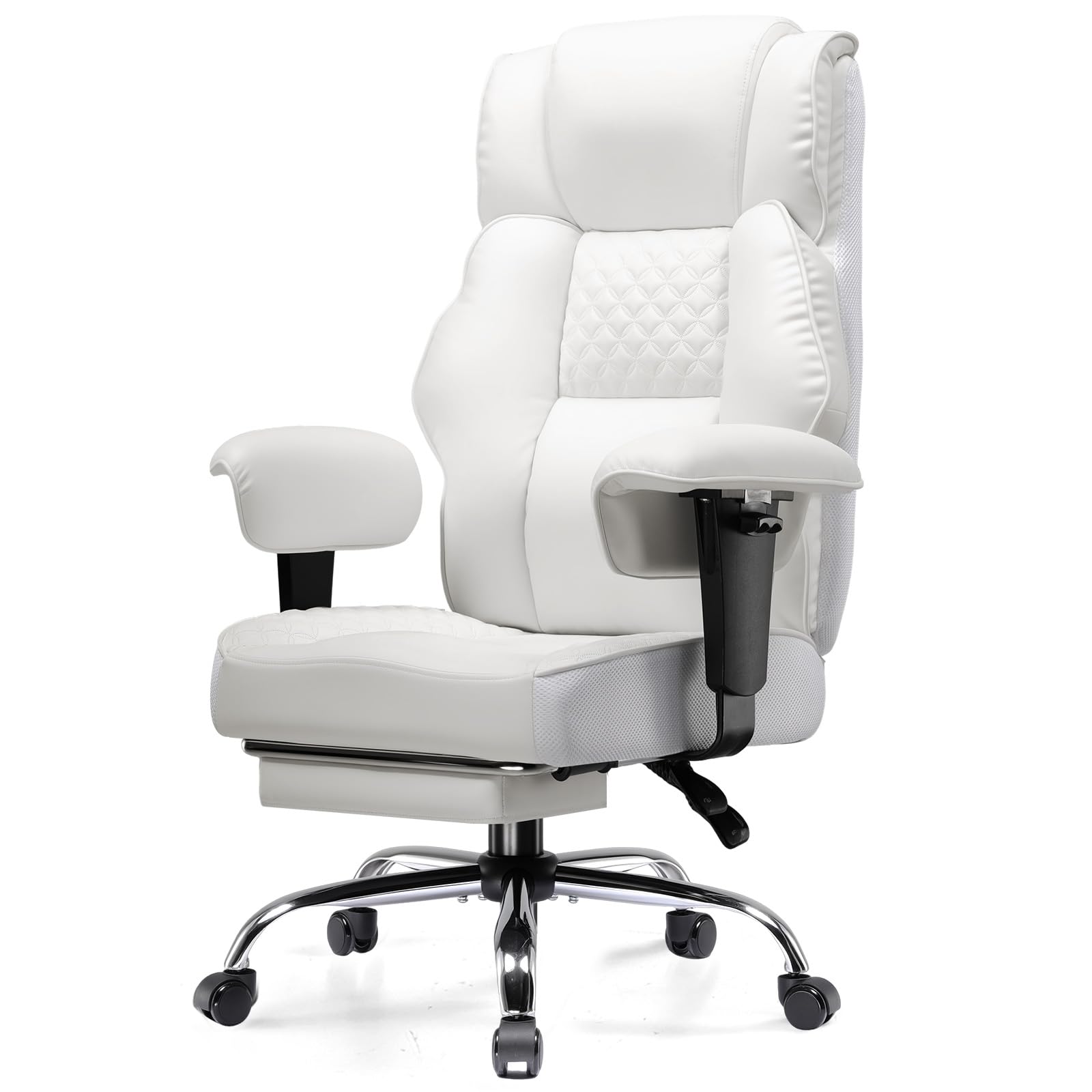 GTPLAYER Silla de oficina ancha con muelle de bolsillo, silla ergonómica de PC, silla de escritorio ajustable y giratoria con reposapiés, piel sintética, 180 kg, color blanco