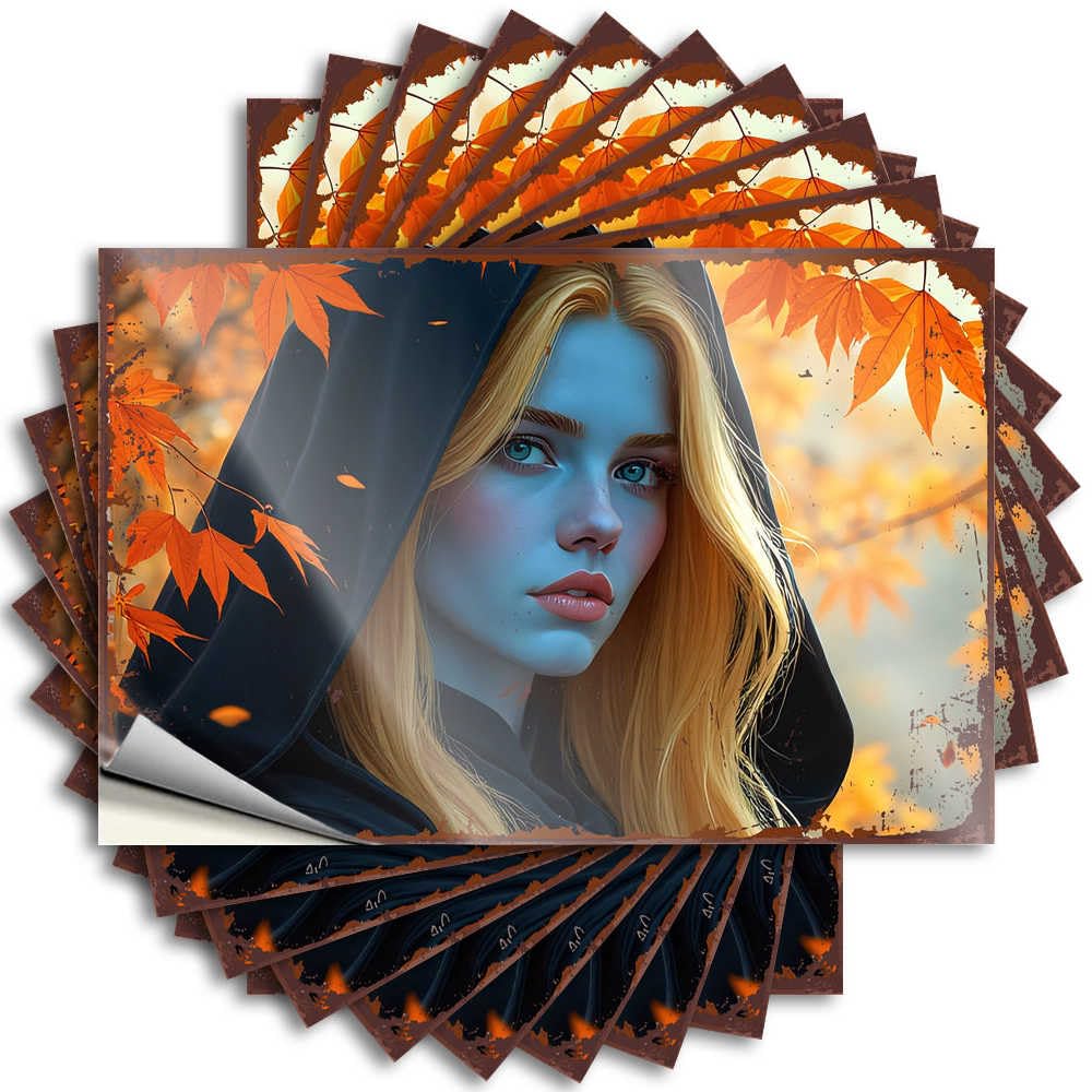 Roll Lettering Sticker - Reading Dart Cover Autumnal Enchantment: A Hooded Figure Amidst Falling Leaves(8X12CM)