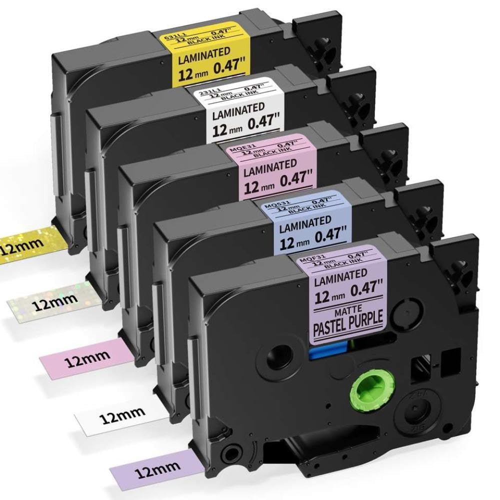 Nastro sostitutivo per Stampante per Etichette da 5 Pezzi TZe 12mm 0,47 Compatibile con PT 1000 PT H200 PT H100R H110 D210 D400(5 Colors Set1)
