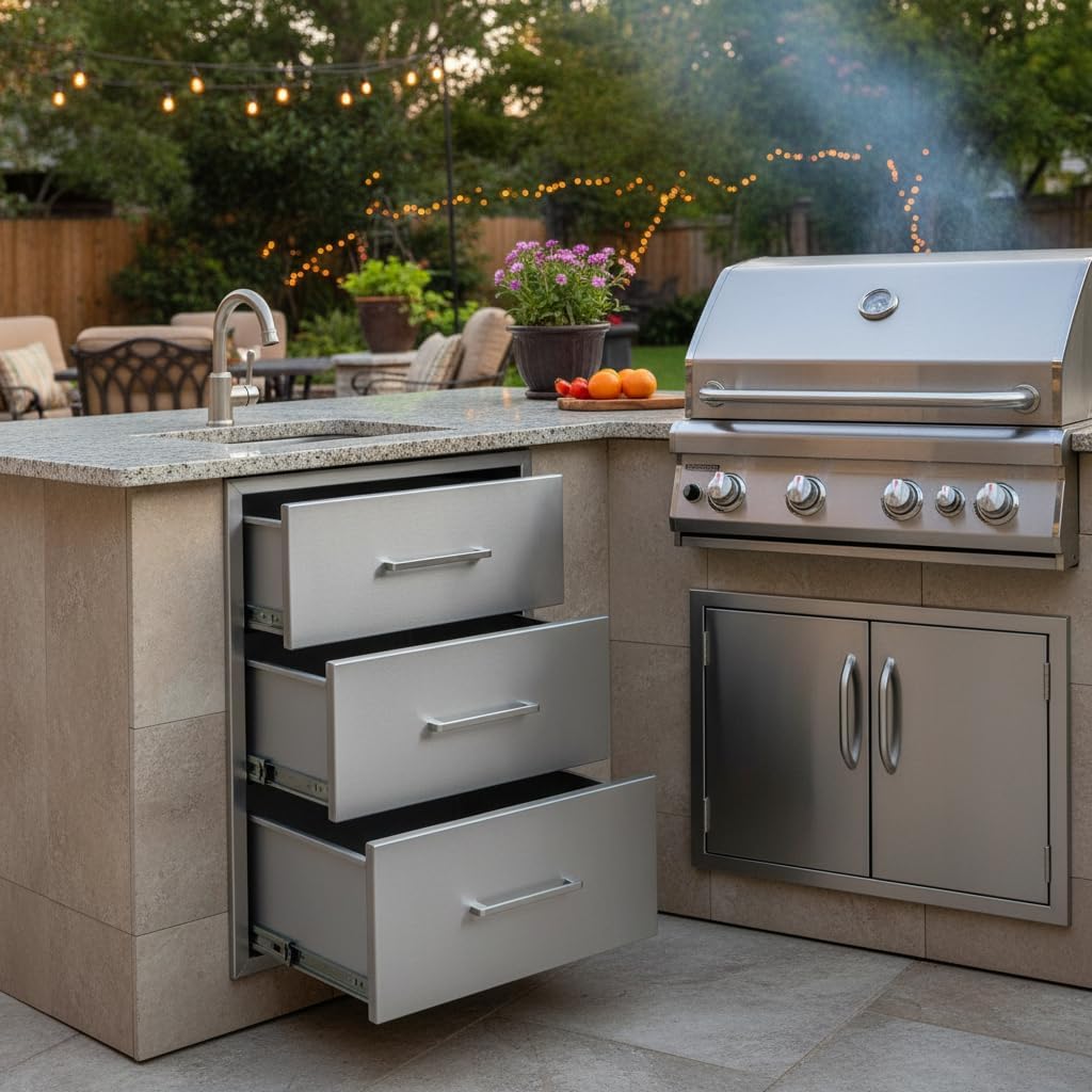 17" W x 18" D x 24" H Outdoor Kitchen Drawers Stainless Steel, Flush Mount Triple Access BBQ Drawers with Handle, Venting Panel Weatherproof for Kitchen Island Patio, Grill Station