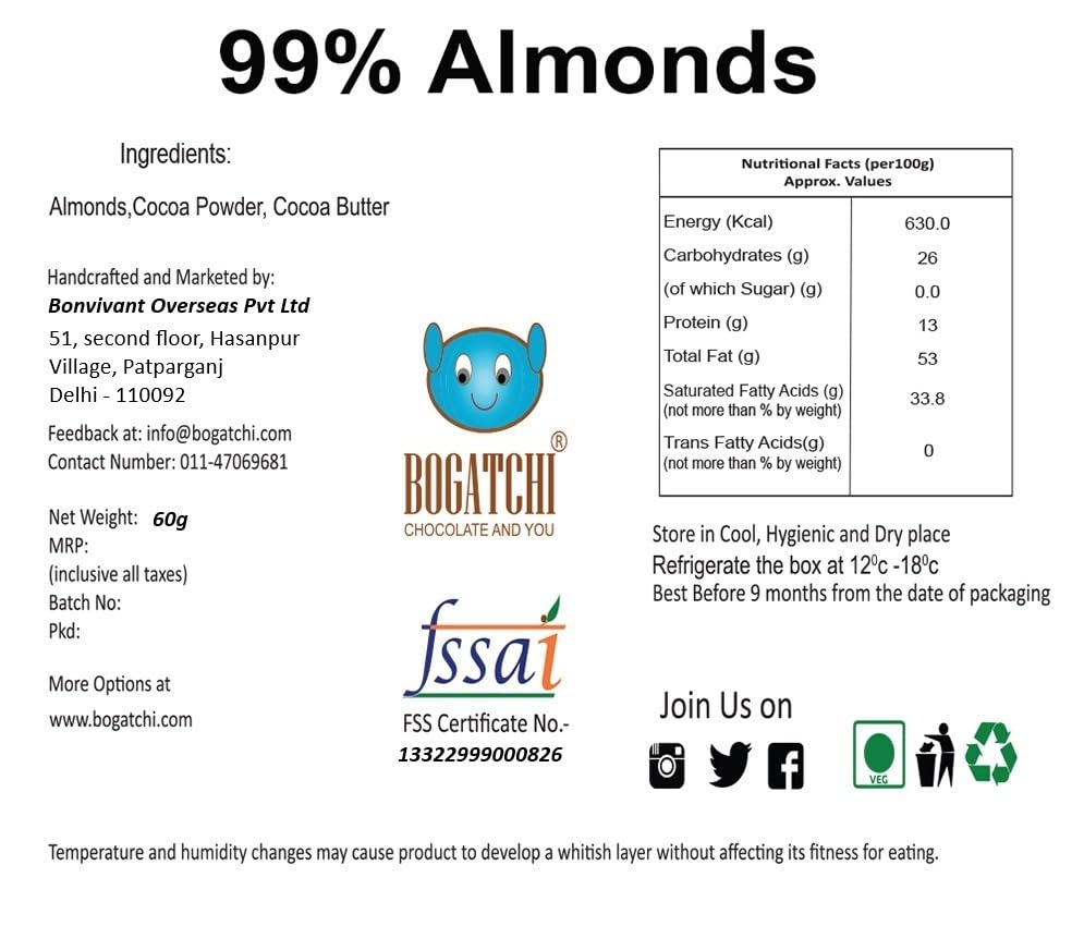 Image of BOGATCHI Premium 99% Dark Chocolate with Almonds, 60g | Intense Real Cocoa Dark Chocolate Bar | Rich Antioxidant Gourmet Chocolate | Roasted Almonds | No Artificial Flavours | Indulgent Healthy Snack