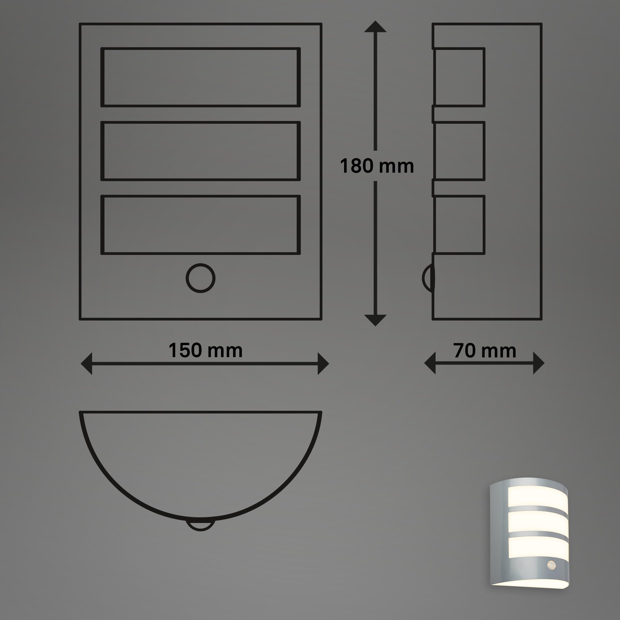 BRILONER - Lampada da parete a LED senza alimentazione con sensore di movimento, sensore crepuscolare, timer da 20 secondi, lampada con batteria, illuminazione esterna, 18x15x7 cm, cromato opaco