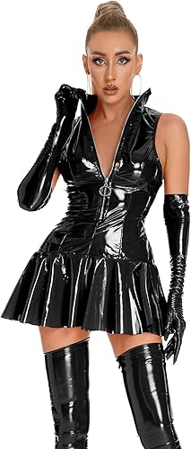 Vista 3 de FEOYA Mini vestidos de fiesta sin mangas de piel sintética para mujer