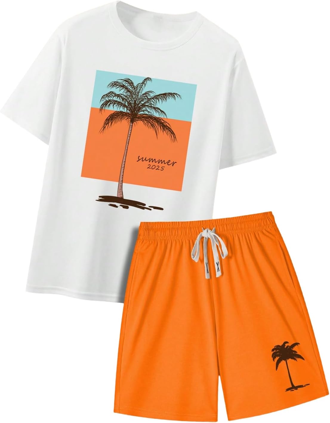 Men's Casual Outfits Short Sleeve Crew Neck Tropical Shirts and Drawstring Shorts Summer Beach Clothes