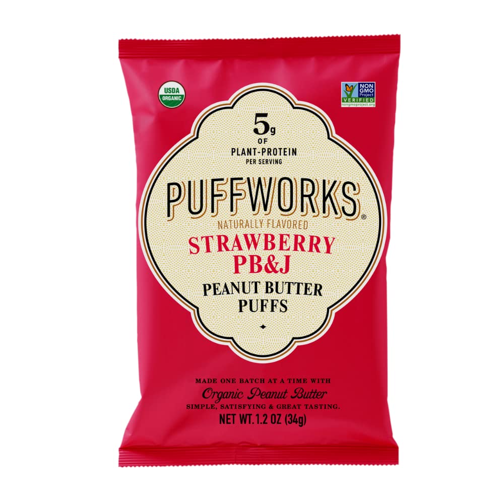 Puffworks Strawberry PBJ Organic Peanut Butter Puffs, 1.2 Ounce (Pack of 6), Plant-Based Protein Snack, Gluten-Free, Vegan, Kosher