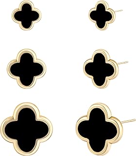 Clover Earring 3 Pair Small 14K Gold Studs Earring for Women Four Leaf Hypoallergenic Earrings Sensitive Ear Rings for Birthday Christmas Anniversary Lucky Gifts (Gold Clover Stud Earrings/Black)