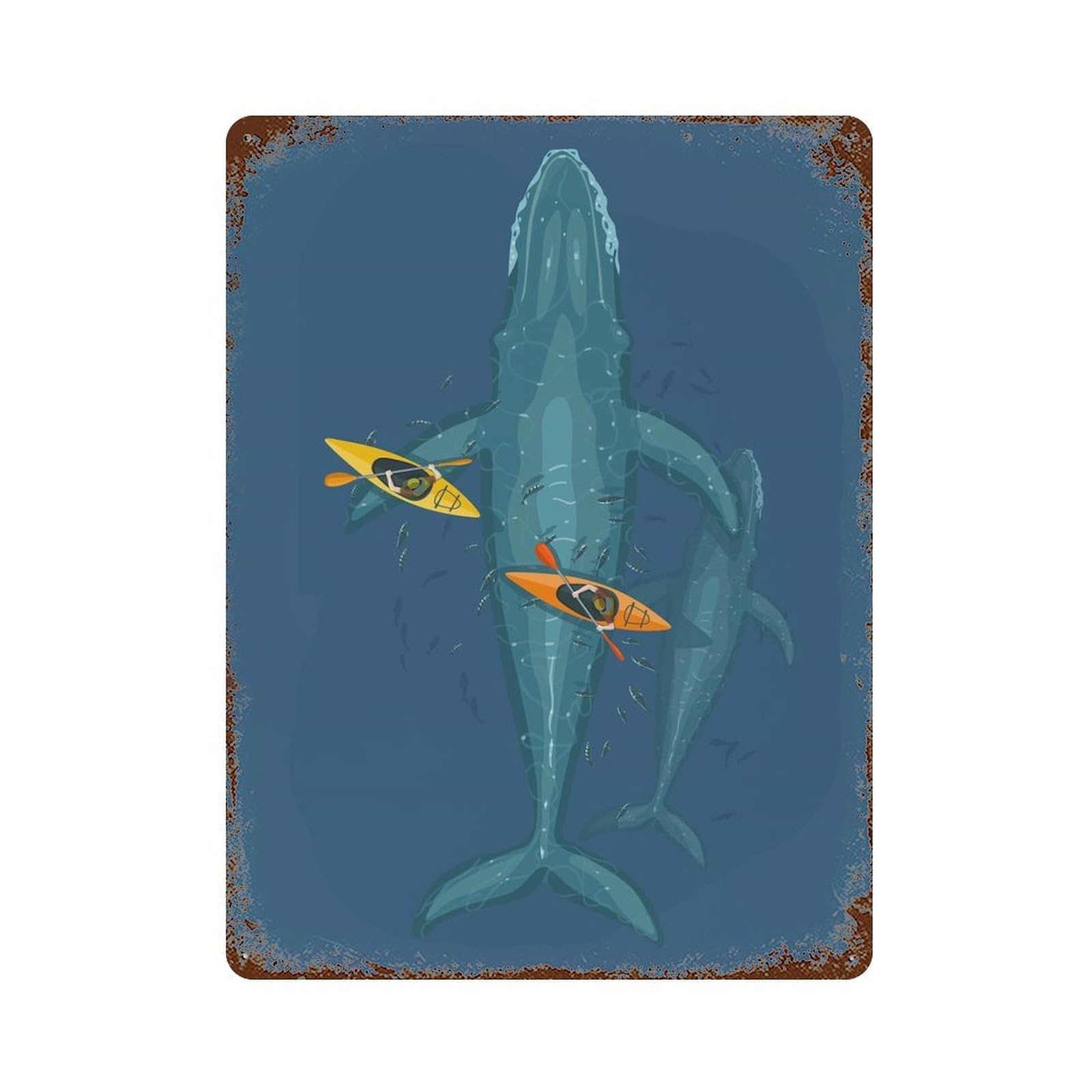 Vintage Rust Metal Sign Canoes on Whale Family 15.7"x11.8", Novelty Wall Decor for Garage, Bar And Workshop Decor