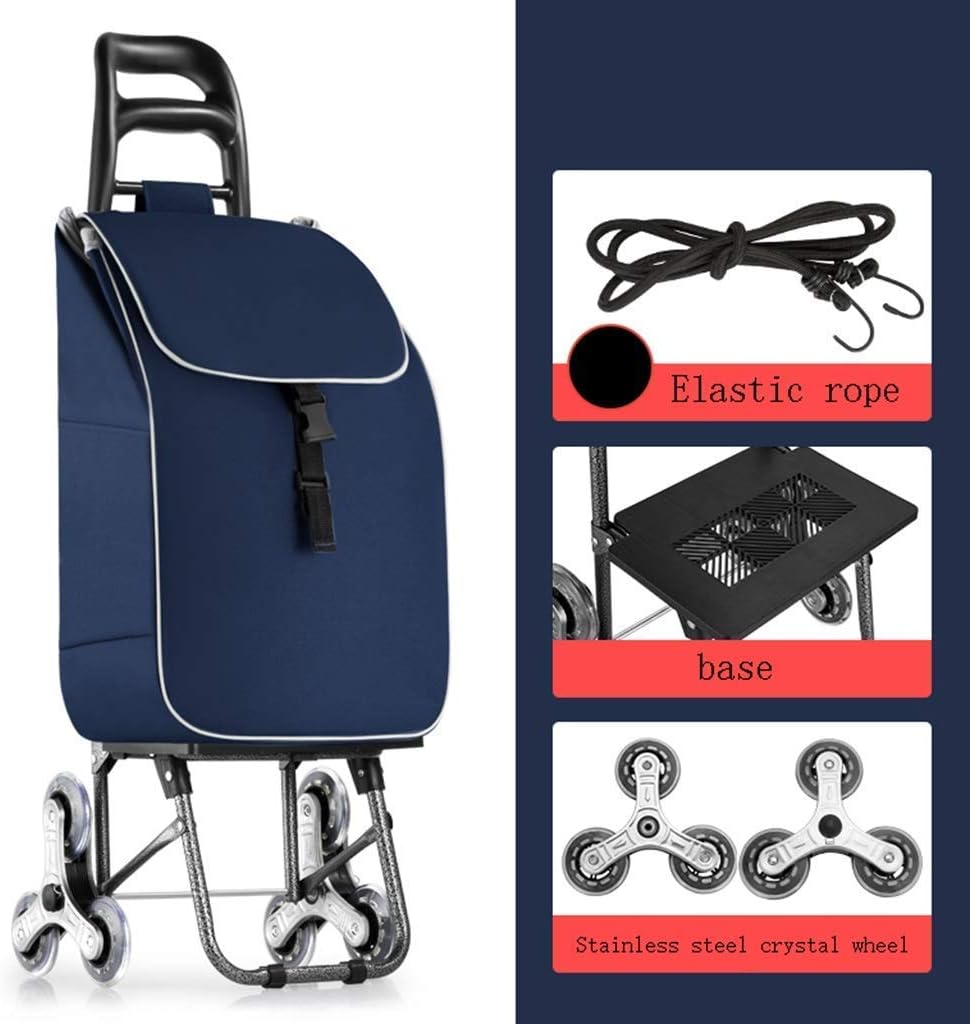 Portable Shopping Cart, Folding Trolley, 6-Wheel Bag Grocery Basket Carrier, Portable Stainless Steel with Crystal Wheels (Blue)
