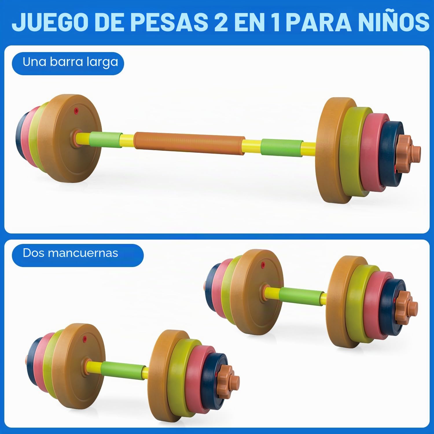 Kids Gym Weights Set for Home - Barbell and Dumbbell Gym Equipment, Toddler Beginner Workout Toy for Pretend Play Lifting Exercise & Fitness - Adjustable Fill with Sand or Water