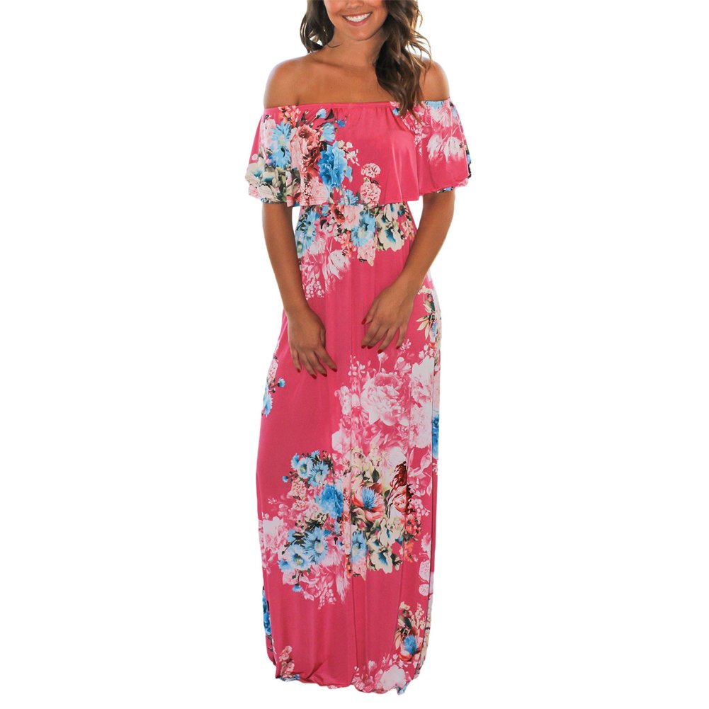Women Long Maxi Dress Off Shoulder Ruffle Side Split Maxi Dresses Boho Long Swing A Line Plain Pleated Dress for Beach Cocktail Party Wedding Simple Style Strapless Sundress Kaftan Tunic Plus Size