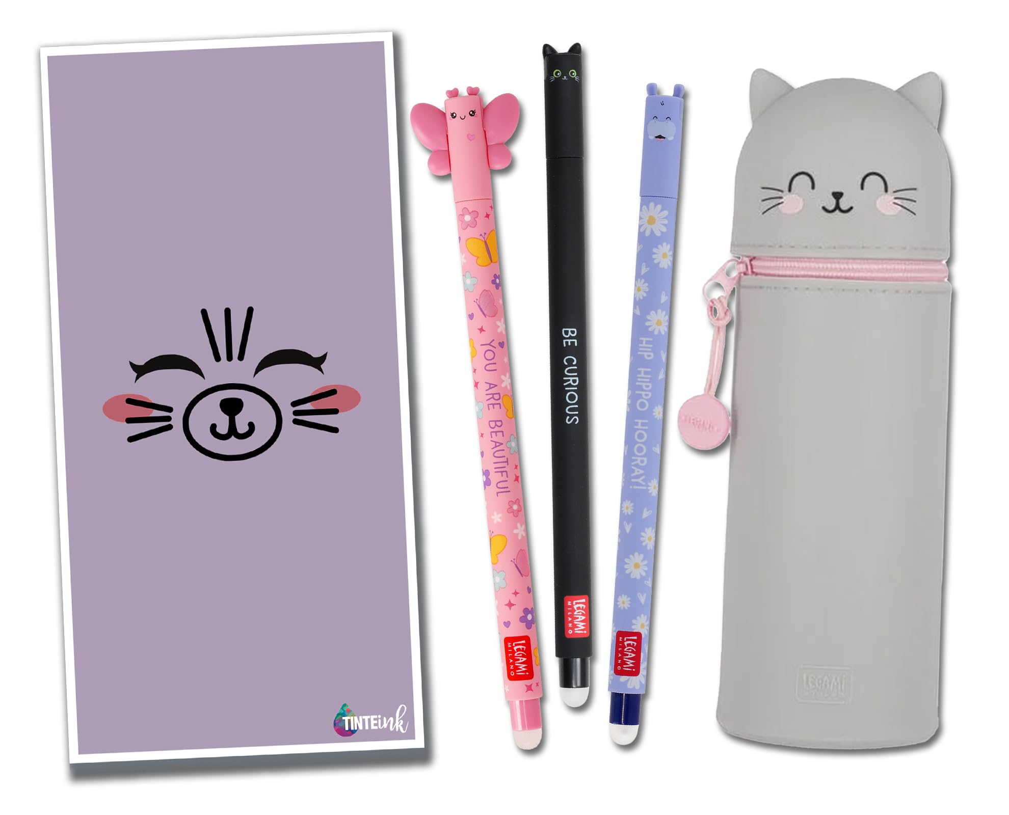 Tinte Ink Legami Erasable Pens with Matching 2 in 1 Silicone Pencil Case Gift Envelope! - Choose Cute Design! (Kitty Case Set)