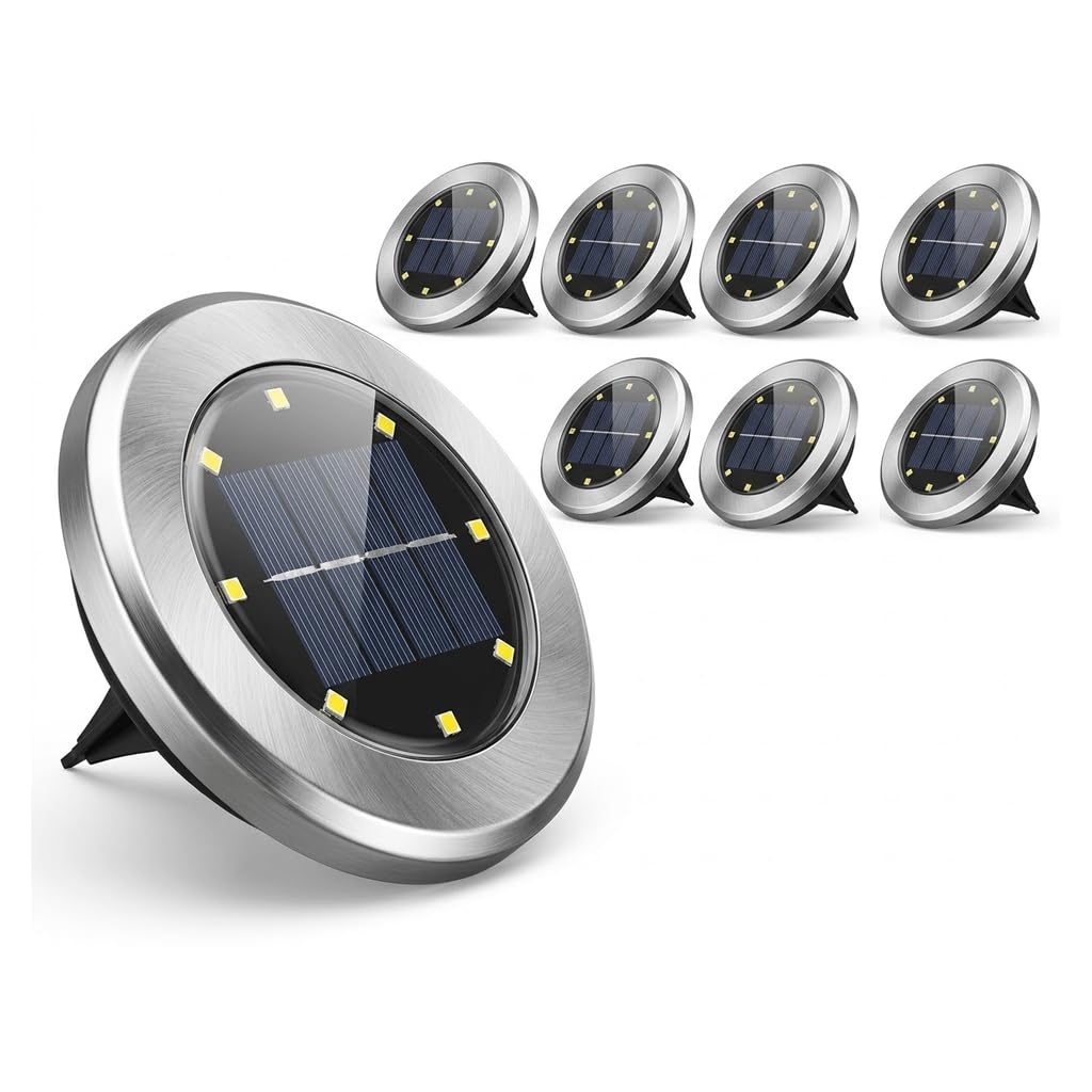 Garden Solar Lights Outdoor, 8 Pack 8LED Solar Ground Lights Waterproof IP65, Upgraded Landscape Lighting with 2 Installation Methods for Pathway, Sidewalk, Driveway, Lawn, Deck Steps, Warm White