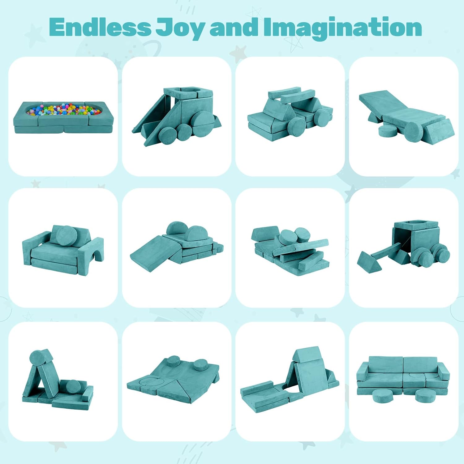 INFANS Modular Kids Play Couch, 13 PCS Toddler Creative Sectional Fort Building Sofa for Bedroom, Playroom, Children Convertible Versatile Soft Foam Furniture Playset Crawling Floor Cushion