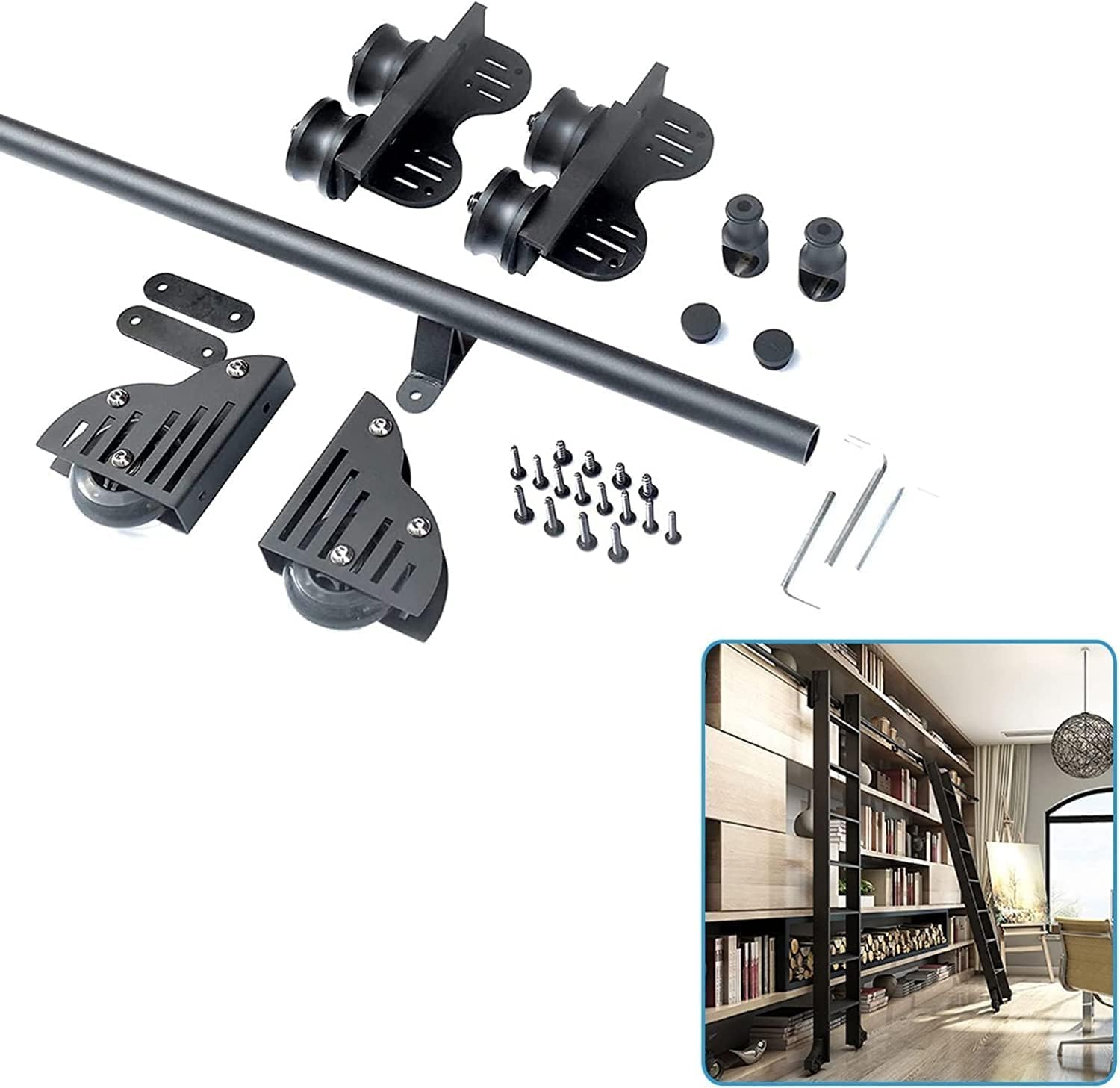 Library Rolling Ladder Mounting Kit 3.3-20Ft Black round Tube Sliding Hardware Rolling Library Kit(No Ladder) + Floor Roller Wheels, Stand up Home Office Library Rolling Hardware Kit/3.3Ft/1