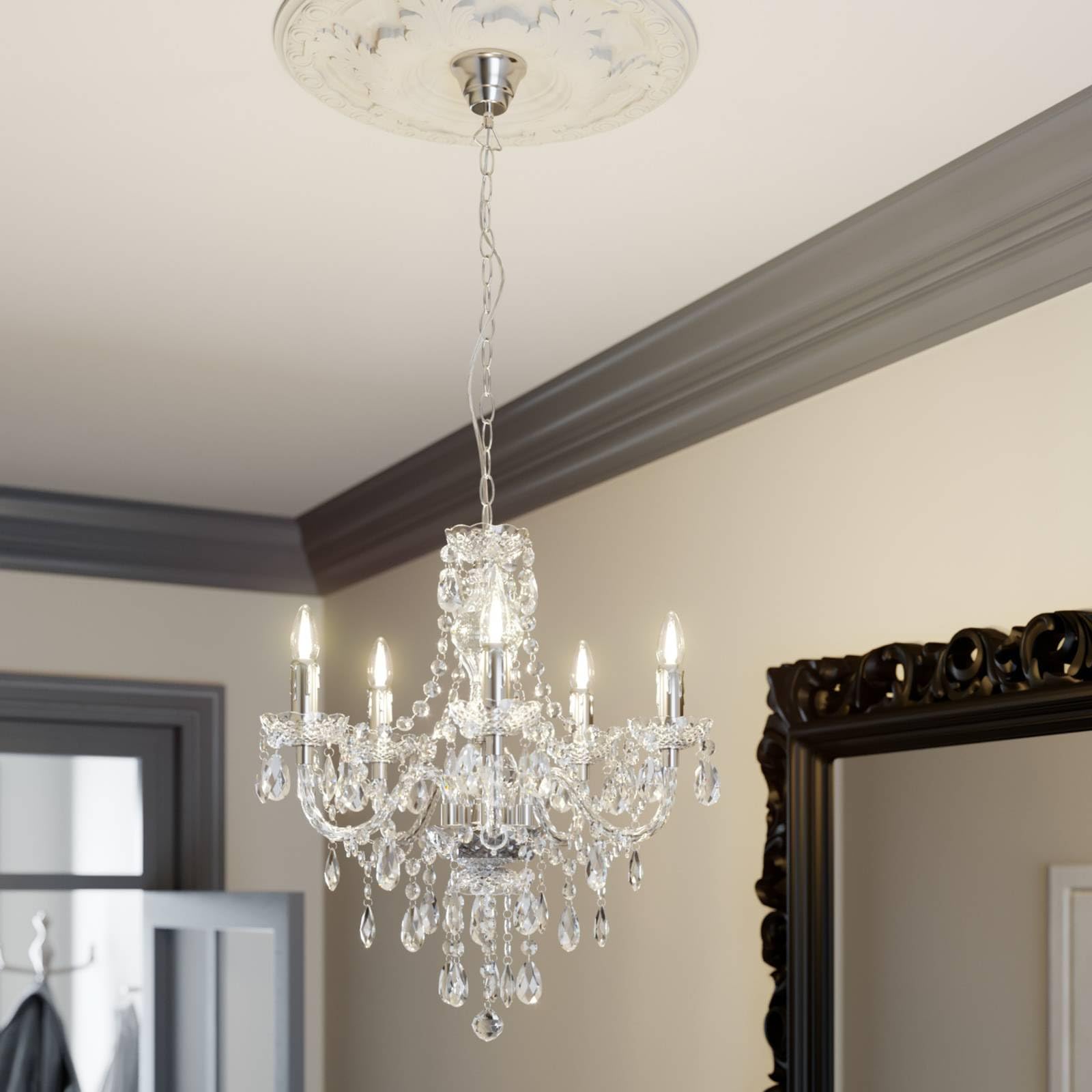 Lindby Kronleuchter Merida (Retro, Vintage Antik) in Transparent (5 flammig E14) - Pendelleuchte Hängelampe Lüster Lampe Deckenleuchte Deckenlampe Wohnzimmerleuchte