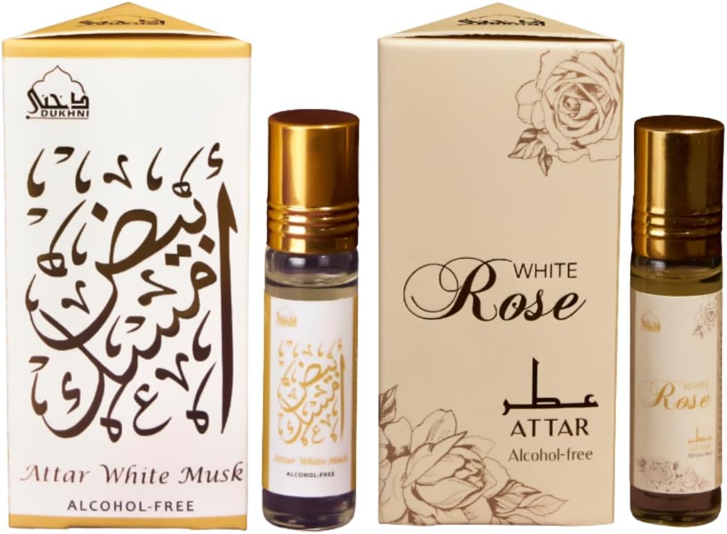 White Musk & White Rose Attar Perfume Oil by Dukhni | 14+ hr Long Lasting Arabic Oils, Unisex Gifts | Soft musk Ittar Roll On Perfume and soft rose scent | Eid Gift for friends & family