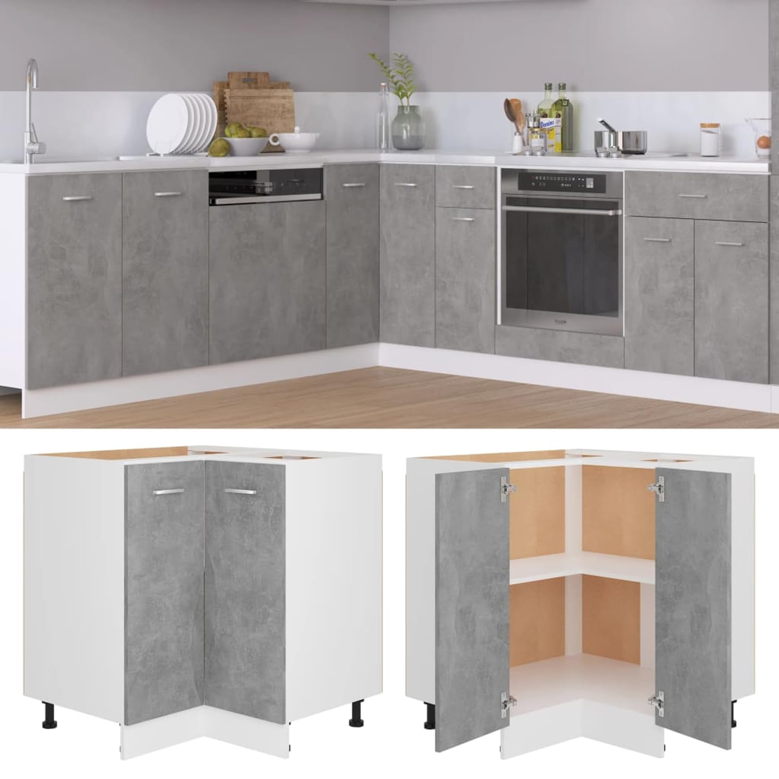 Gecheer Eckunterschrank Lyon Betongrau 75.5x75.5x81.5 cm Holzwerkstoff praktischer Stauraum für Küchengeräte langlebiges Design für Moderne Haushalte