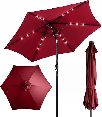9FT Solar Patio Umbrella, 18 LED Lighted Outdoor Market Table Umbrella with 6 Sturdy Ribs, Push Button Tilt & Crank Lift, Waterproof UV Protection Shade for Garden, Deck, Backyard, Pool and Beach