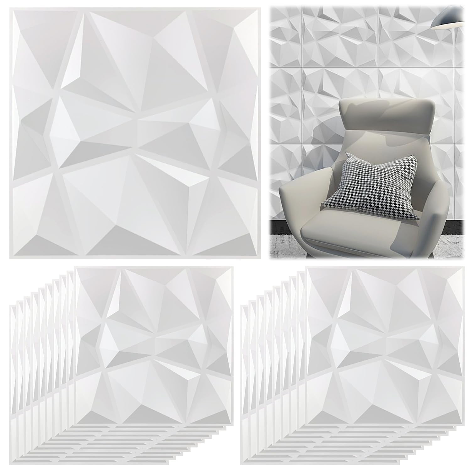 20 Piezas Panel de Pared de 3D Diamante 30 x 30 cm para Decoración de Paneles Decorativos en Blanco, Revestimiento de Paredes PVC, Resistentes al Agua, Resistentes al Calor, Inodoros, Blancos Mate