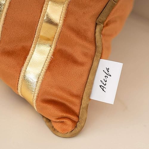 Miniatura 5 de Alerfa Funda de almohada de cuero dorado a rayas naranjas de 20 x 20 pulgadas, funda de almohada geométrica de lujo decorativa de terciopelo bordado