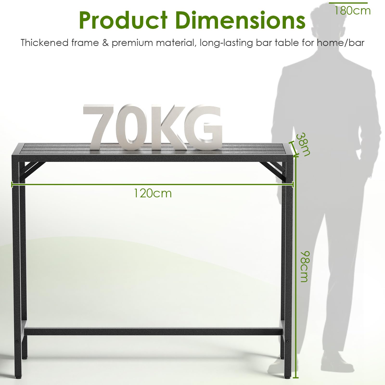 Table de Bar Exterieur LIFERUN 120 x 38 x 98 cm Pieds Réglables Plateau Étanche Noir