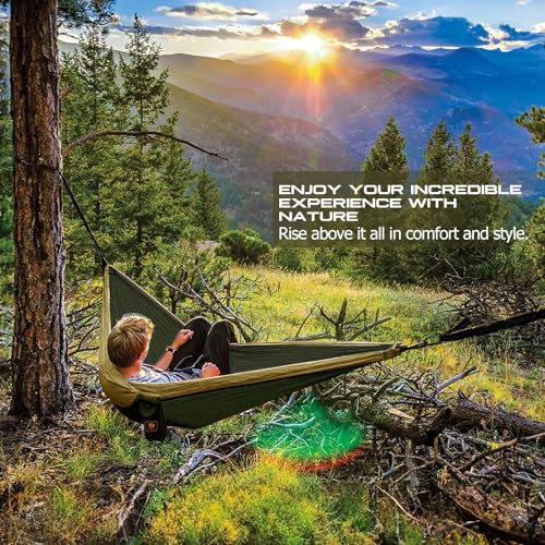 Camping Hammock, Portable Hammocks with Mosquito Net,Lightweight Nylon Parachute Hammock with 10ft Tree Straps,Camping Gear Must Haves for Travel Hiking Backpacking Beach Patio-Green&Khaki - Image 8