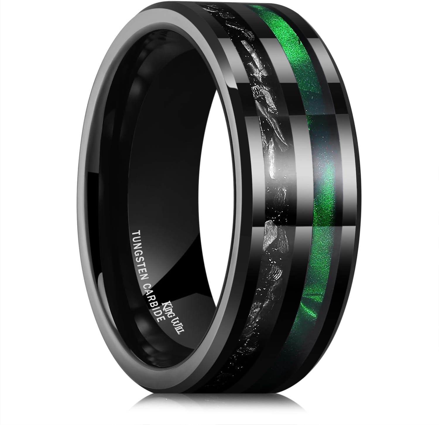 King Will 8mm Tungsten Rings for Men Black Wedding Band Gentleman with Galaxy Shell Sand Meteorite Inlay Pipe Cut Brushed