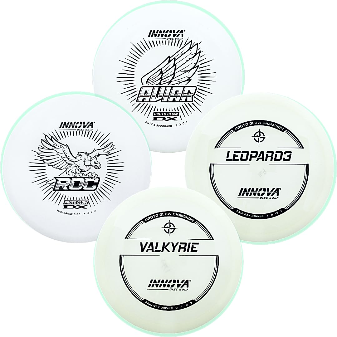 Gotta Go Gotta Throw Inc. INNOVA Glow Disc Golf Starter Set – 140-180g – New Proto Glow Plastics – PDGA Approved Set – Includes Bag
