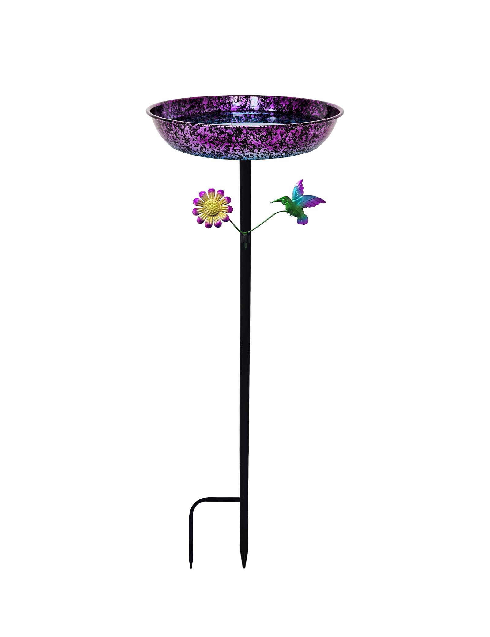 Bird Bath for Outside, 11 Inch Colorful Purple&Blue Metal Birdbath Bowl Decorated Hummingbird Flower Freestanding Garden Bird Bath Feeder Outdoor