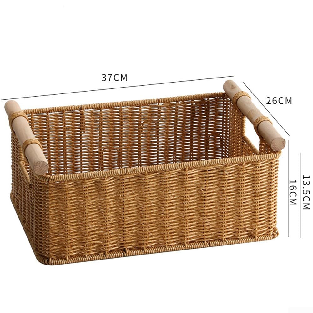 Cesta tejida retro con mango de madera, contenedor de almacenamiento de ratán sintético, para baño, cocina, bar, caja organizadora tejida a mano, para artículos de tocador y varios (4)