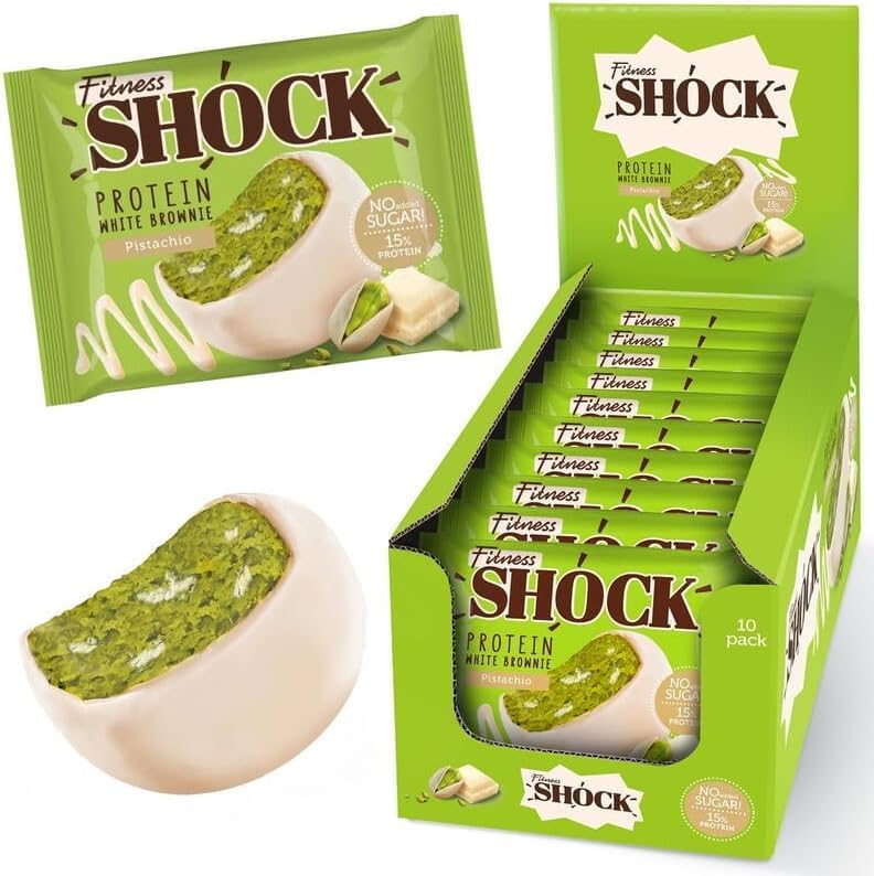 Fitness Shock Protein White Brownie - Pistachio Flavor | No Sugar, 15% Protein | Healthy High-Protein Snack - Pack of 10