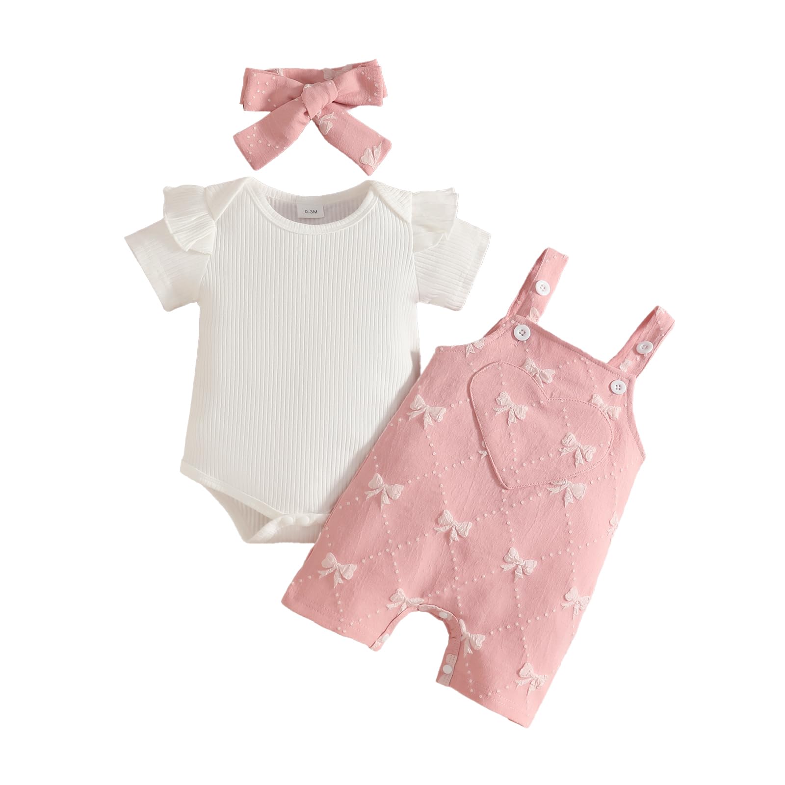 Completo Estivo per Bambina Top a Coste Pantaloncini con Bretelle e Stampa Floreale con Fascia Capelli