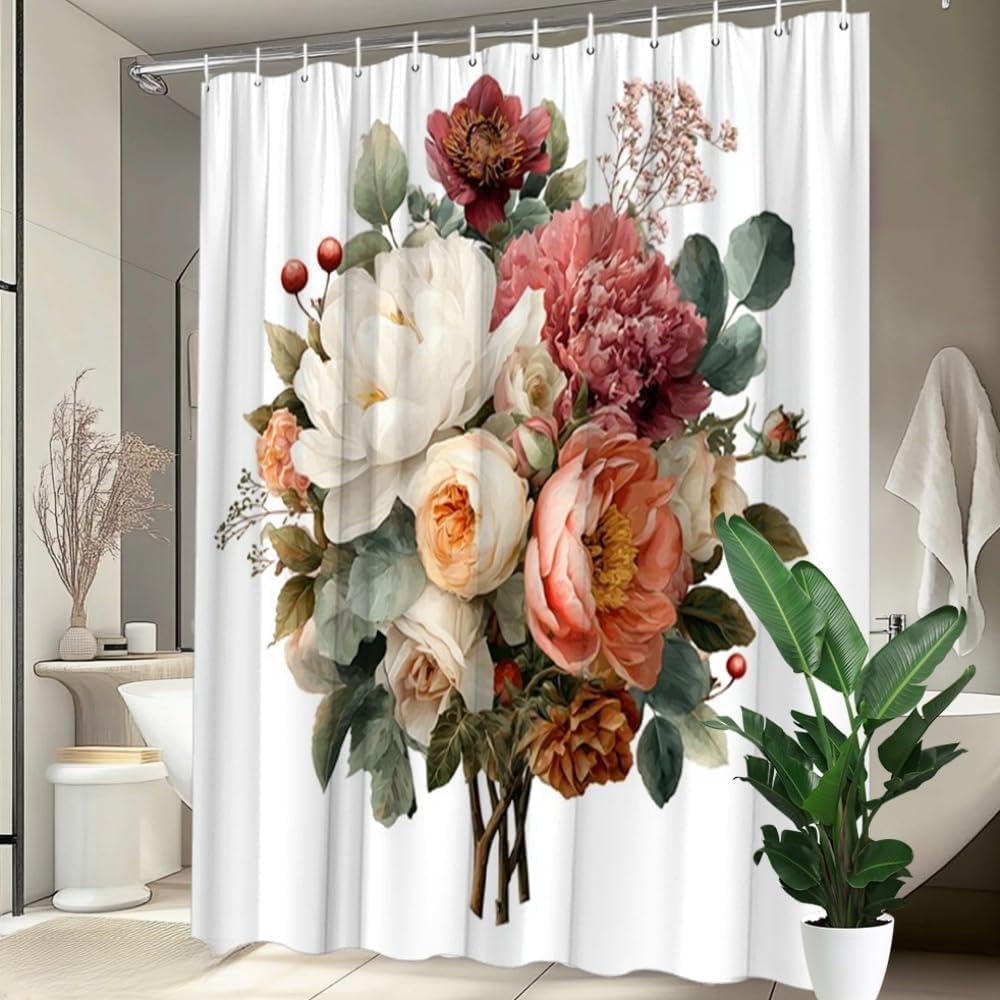 GLWDMB 1 Piece 120x180CM Bouquet of Peonies and Roses Printed Shower Curtain With Hook, Polyester, for Windows And Walls, Bathtub, Bathroom, Machine Washable, All Season Universal